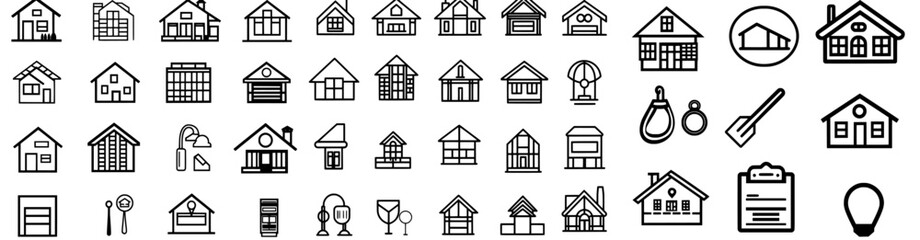 Minimalist line icons and logos for real estate agents, featuring apartments, houses, and plots