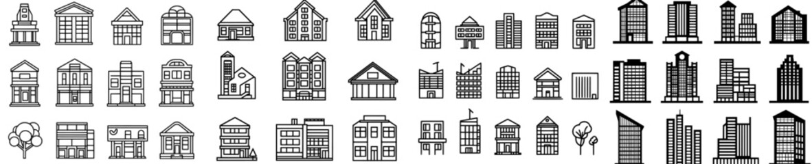 Icons of buildings include a bank, hotel, and courthouse, representing city, real estate, and architecture, as well as a hospital, town house, and museum, showcasing urban architecture, city