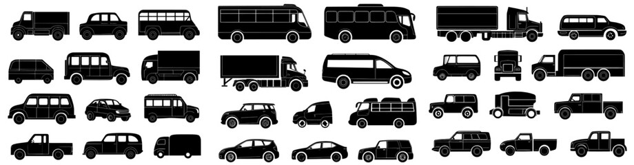 Detailed illustrations of various cars, buses, and trucks are depicted in the icons, showcasing a modern style