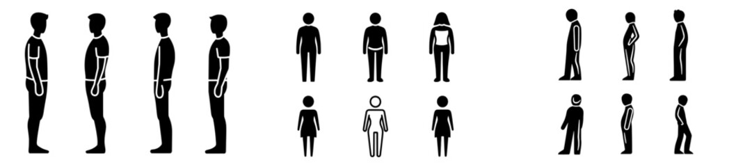 The image shows a stick figure of a human, specifically a man standing, as part of a modern pictogram illustrating different poses on white