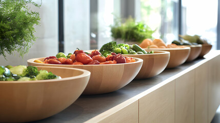 Fresh Organic Vegetables in Wooden Bowls on Modern Kitchen Counter