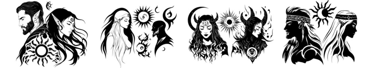 A design featuring isolated man and woman symbols is presented in a modern line art style with mystic illustration, characterized by an engraved drawing in gothic style, representing occult,