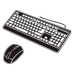 Stylized monochrome illustration of a computer keyboard and mouse peripheral devices