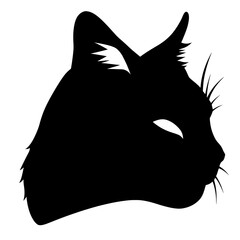 On a white background, a black mask is shown with a cat ear and a white eye, and it is paired with the silhouette of a black head, also on a white background