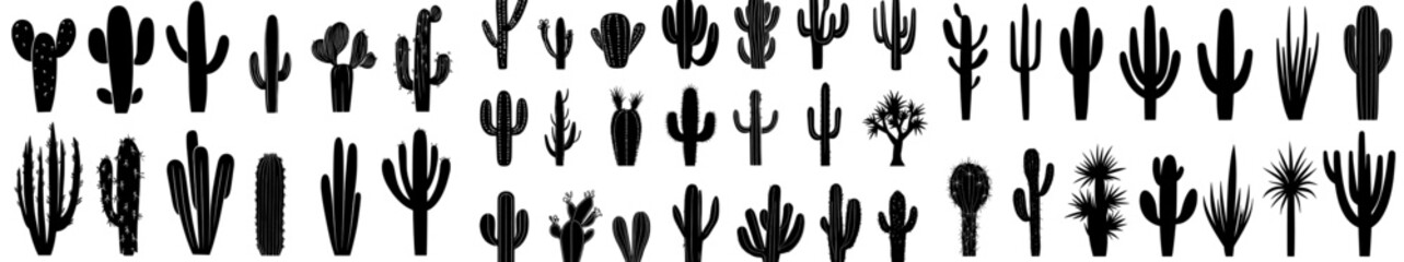 The modern set of cactus icons includes a flat design illustration of black cactus silhouettes in EPS 10 format
