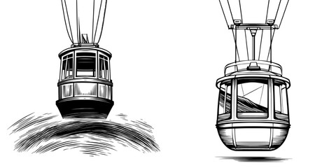 A modern illustration of a cable car, in flat style, includes an elevator cabin on a white isolated background to convey a cableway business concept