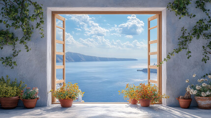 Balcony view of the sea from Oia town in Santorini, framed in a beautifully artistic scene