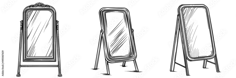 Poster the icon of a linear stand mirror frame is isolated on a white background
