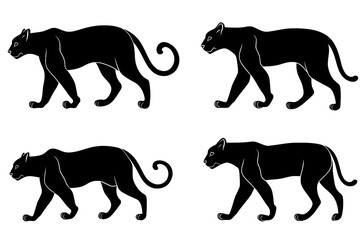A set of 7 modern black and white silhouettes of tigers and leopards is isolated on white