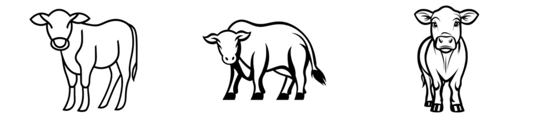 Modern illustration of a cow in continuous line art drawing style, featuring a spotted cow walking in minimalist black linear sketch isolated on white background