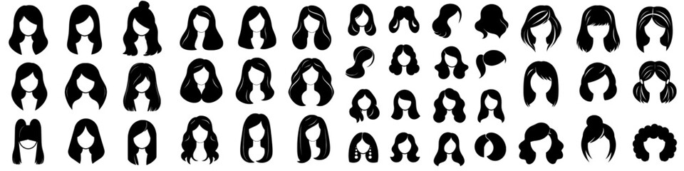 The icon set features a modern female head, specifically an Asian woman with black hair viewed in profile, as a flat clip art design element