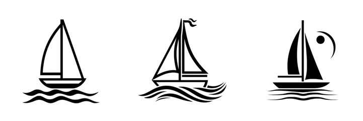 A yacht is depicted in the ocean through a line drawing, showcasing a black and white modern minimalist design