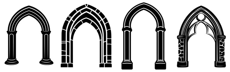 Isolated on white, an engraved drawing depicts a black classic gothic architectural decorative frame