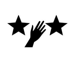 The illustration features five yellow stars with a clicking hand, a quality rank, and the best choice, where a hand is shown touching the last star, with a rating sign and a feedback and review