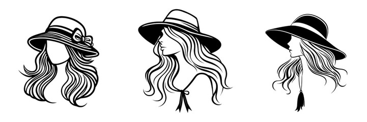 A minimalist black linear design of an abstract woman's profile, wearing a hat, is illustrated in continuous line art drawing style and isolated on a white background