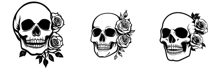 A human skull adorned with roses is depicted in a traditional gothic black tattoo style, accompanied by a scary dead head with teeth, blossom, and foliage