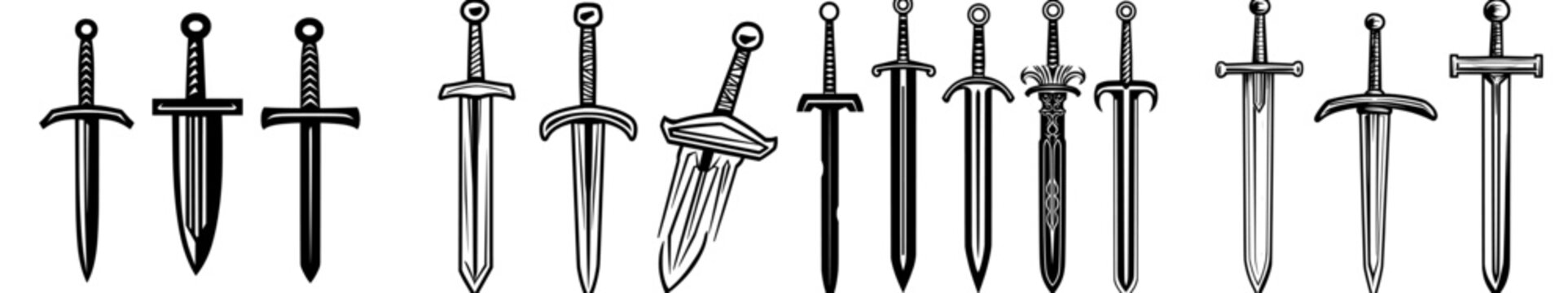 Collection of minimalist contemporary illustrations of medieval dirks and daggers created in artistic line style