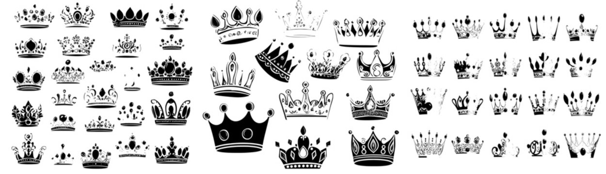 The golden crown modern illustration set includes a cartoon flat gold royal medieval collection of luxury monarch crowning jewel headdress for a king, emperor or queen, with monarchy imperial symbols