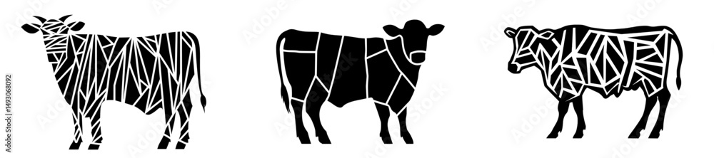 Poster the image features a cow on pasture created in continuous line art drawing style, showcasing an abst
