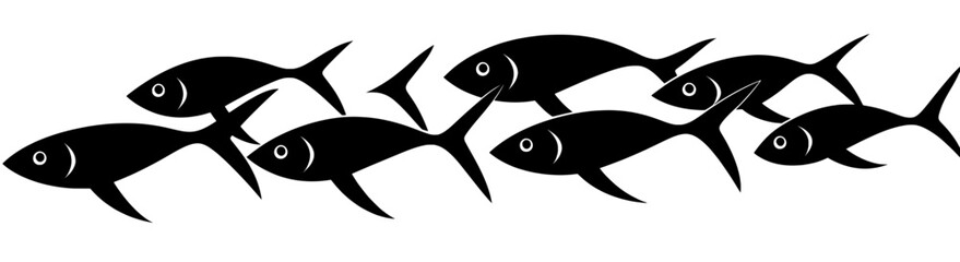 A black shape of a flock of fish, serving as a design element and a logo template