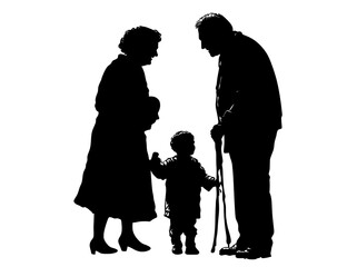 The silhouettes of a family from the back include grandparents, father, mother, and three children