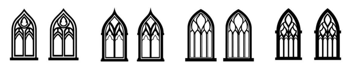 The design features a church window symbol, gothic windows, and a church window icon, along with gothic window frames in a line icon set, presented in a modern illustration style as a window icon
