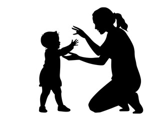 A little daughter's silhouette is seen as she takes her first steps towards her mother