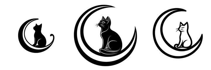 A cat is depicted sitting on the crescent Moon, presented as a black silhouette on a white background, suitable for tattoos, logos, decals, artwork, and posters