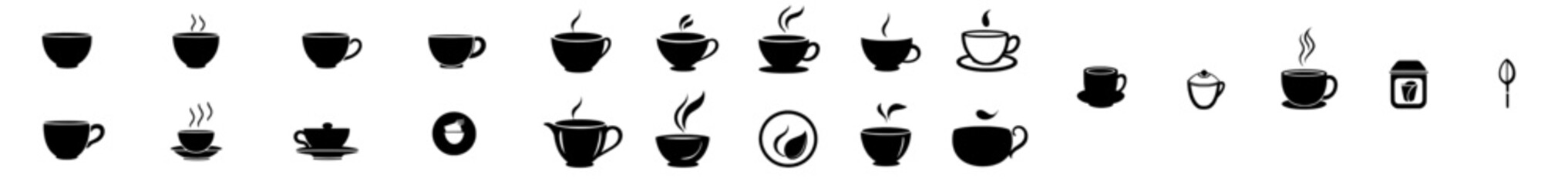 Iconic cup symbol representing coffee and tea, with a silhouette suitable for a cafe, featuring hot beverages like espresso, latte, and cappuccino in a mug, ideal for a graphic logo for coffee or tea