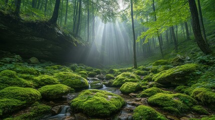 Lush forest stream with sunlight filtering through canopy