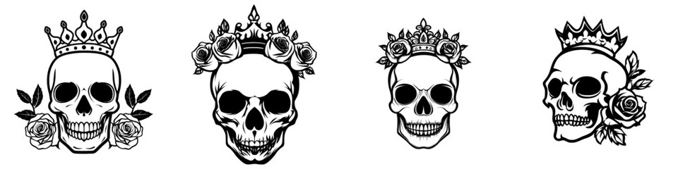 Modern illustration of a black king skull encircled by vibrant flowers, symbolizing a retro dead head in a crown, suitable for tattoo designs and monarchy concepts in retro templates, banners, or