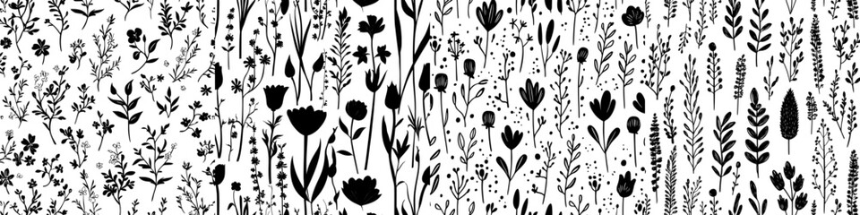 A seamless pattern featuring hand-drawn magnolia flowers creates an endless ornament with blooming plant silhouettes, ideal for fabric, textile, wallpaper, or wrapping paper designs