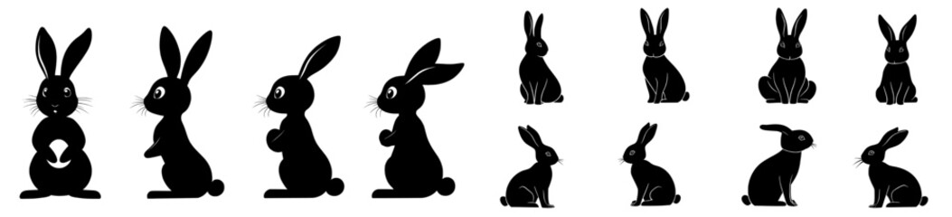 A set of diverse easter bunny silhouettes is presented against a white backdrop, ideal for utilization in various design projects