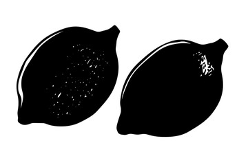 The image features a modern black silhouette illustration of citrus lemon fruit standing alone on a white background