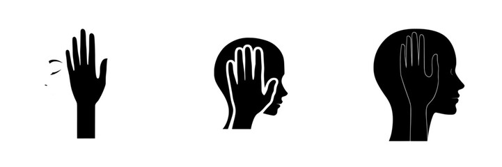 The concept of domestic violence is represented by a silhouette of a woman's head and hand in a stop gesture on a modern white background illustration