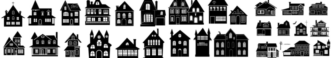Fototapeta premium Modern flat illustration featuring collection silhouettes of haunted houses, set for Halloween