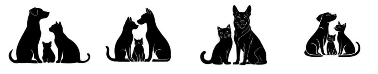 A black dog and white cat are isolated on a white background in silhouette form