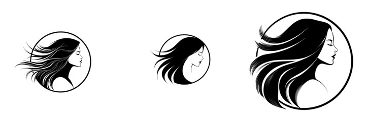 Modern icon featuring a woman's head in silhouette with stylized hair