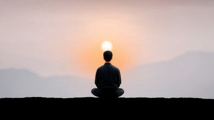 A serene moment captured as a person meditates at sunrise, embodying tranquility and mindfulness amidst a beautiful landscape of mountains and soft light.