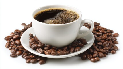 Fototapeta premium Fresh Brewed Coffee in White Cup with Coffee Beans Studio Shot Close Up Still Life
