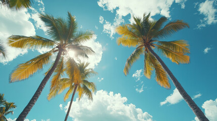 Bright tropical beach scene with swaying palm trees and fluffy clouds, ideal for tourism and open design space