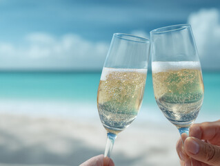 Obraz premium glass of champagne on the beach