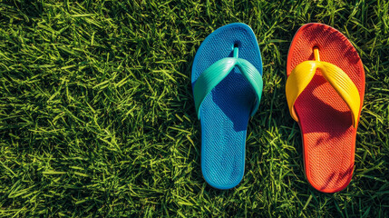 Brightly colored flip flops lying on lush green grass, evoking carefree summer days