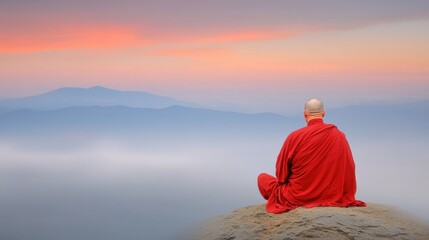Fototapeta premium A serene monk meditating in a tranquil landscape during sunset