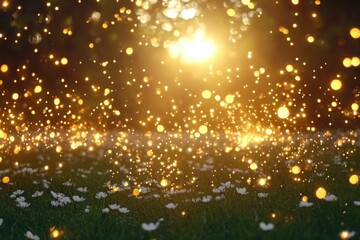 Obraz premium Sunlit Meadow with White Flowers and Golden Bokeh Lights at Sunset, Low Angle View, Nature Scene, Magical Atmosphere