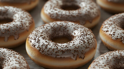 Delicious Chocolate Iced Donuts with Sprinkles on a Bakery Table