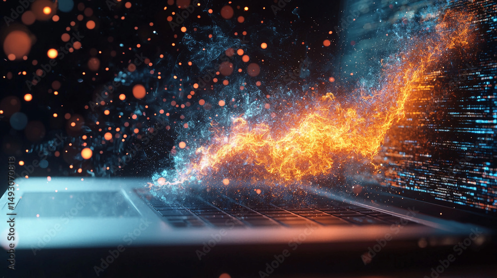 Poster laptop emitting fire and particles with digital code effect in a dark abstract environment
