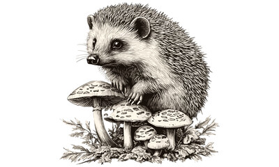 Vintage wildlife etching, retro engraving of hedgehog among mushrooms, monochrome mammal line art, detailed nature illustration, rustic fauna drawing, antique animal print, old engraving style