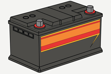 76 a dark metal battery with bright orange and red bands, sleek industrial design, high contrast, sharp details, 3d render