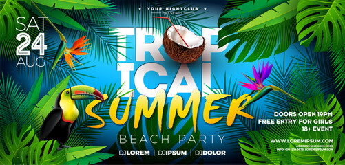 Summer Party Flyer Design with Flower, Tropical Palm Leaves and Toucan Bird on Blue Background. Vector Summer Beach Celebration Design Template with Floral Elements, Plants and Typography Letter for